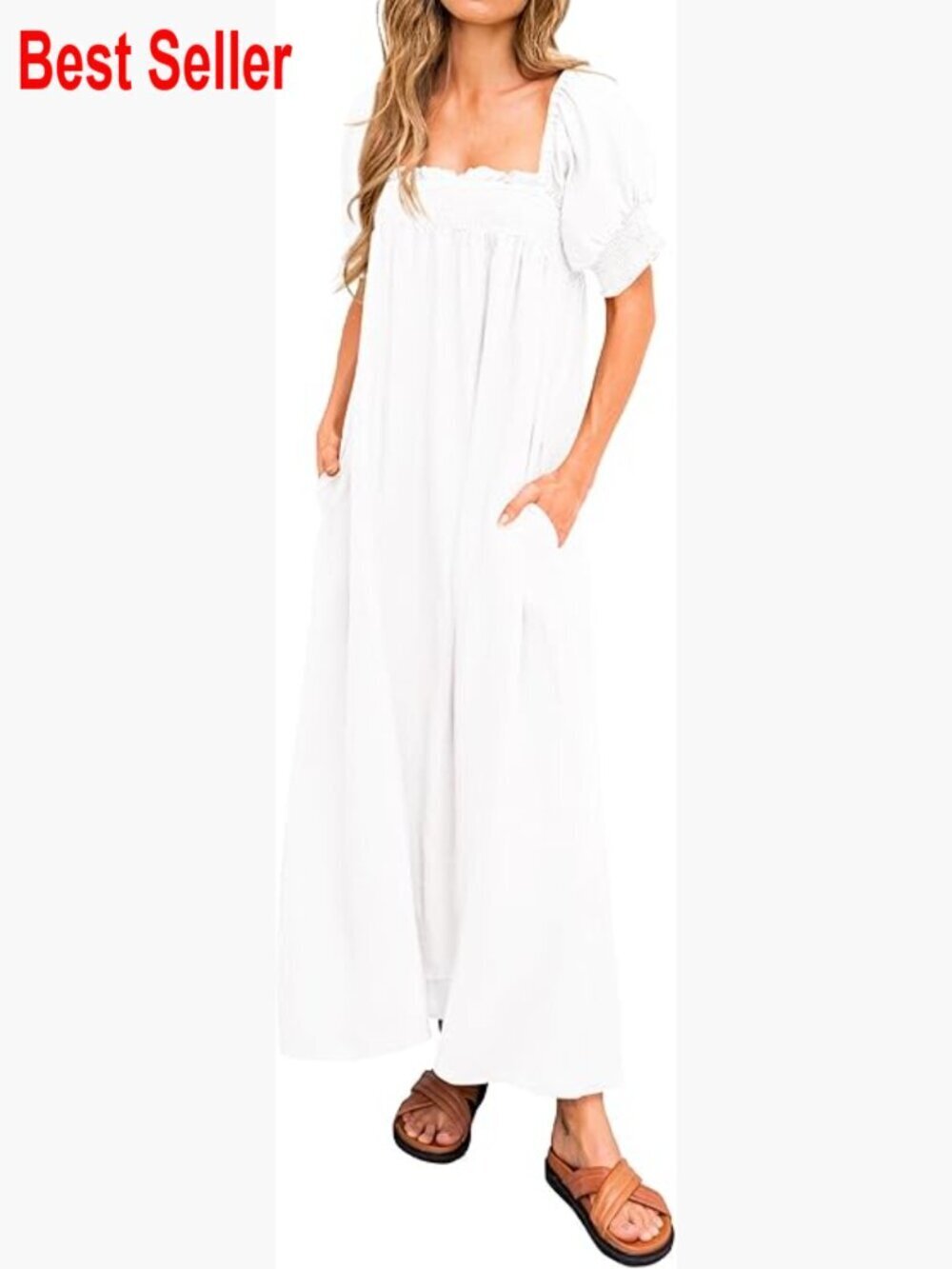 Maternity Maxi Dress with Puff Sleeves Square Neck Pockets Flowy